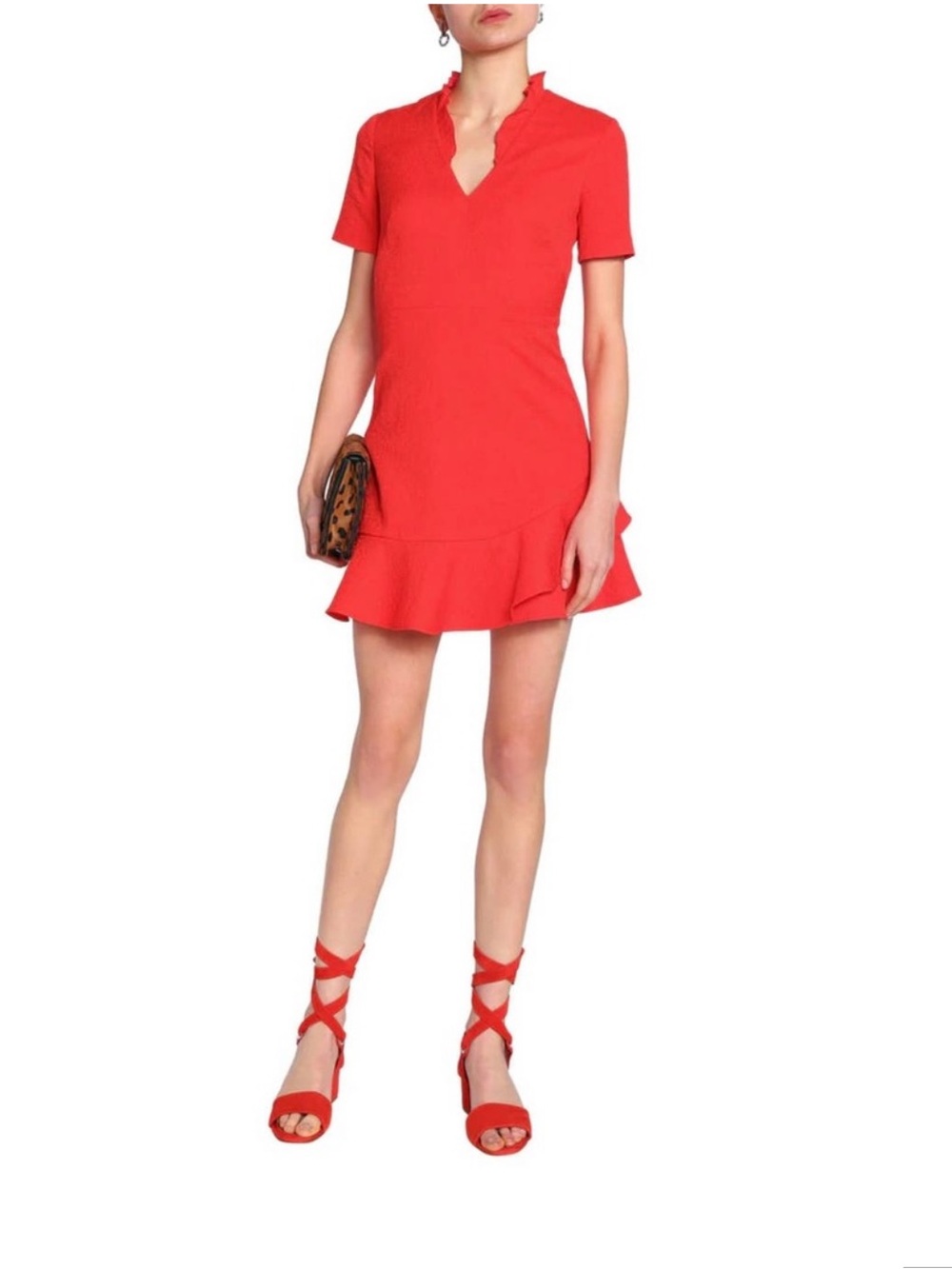 SANDRO Hortense Ruffle Trim Dress Short Sleeve Coral Red 2